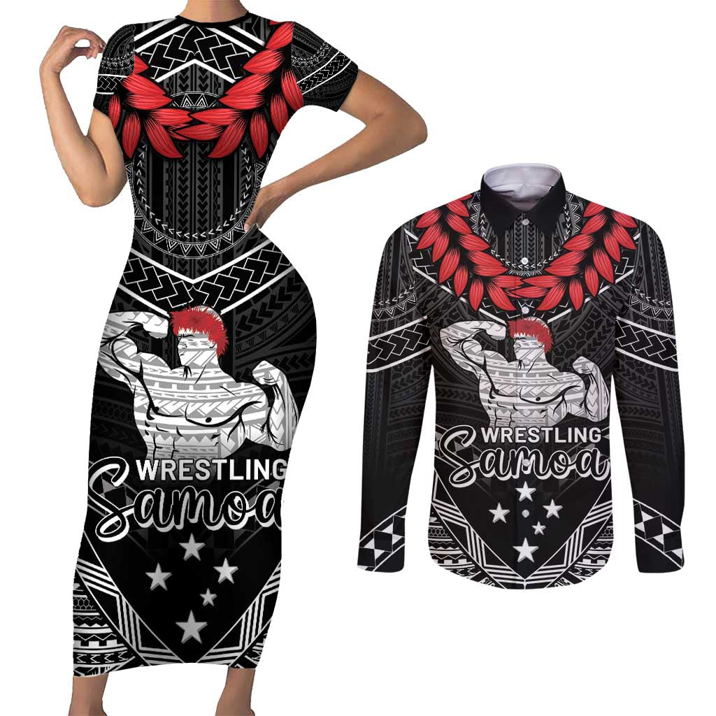 Custom Samoa Wrestling Couples Matching Short Sleeve Bodycon Dress and Long Sleeve Button Shirt Samoan Wrestler Ulafala Style LT05 Black - Polynesian Pride