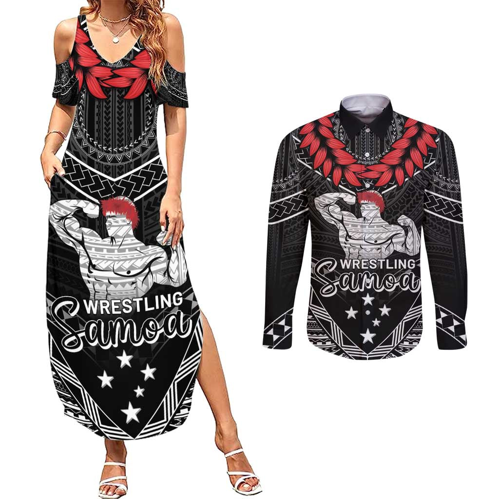 Custom Samoa Wrestling Couples Matching Summer Maxi Dress and Long Sleeve Button Shirt Samoan Wrestler Ulafala Style LT05 Black - Polynesian Pride