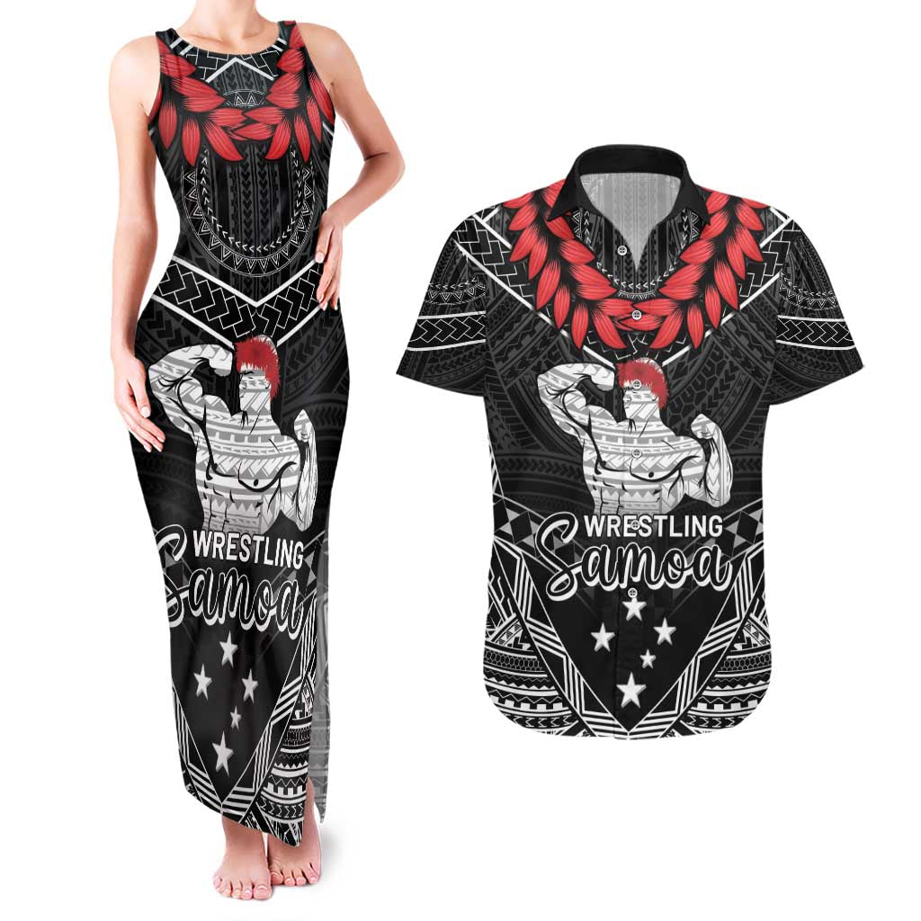 Custom Samoa Wrestling Couples Matching Tank Maxi Dress and Hawaiian Shirt Samoan Wrestler Ulafala Style LT05 Black - Polynesian Pride