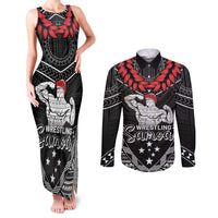 Custom Samoa Wrestling Couples Matching Tank Maxi Dress and Long Sleeve Button Shirt Samoan Wrestler Ulafala Style LT05 Black - Polynesian Pride