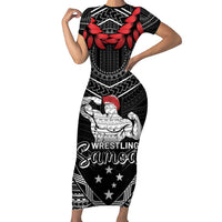Custom Samoa Wrestling Short Sleeve Bodycon Dress Samoan Wrestler Ulafala Style LT05 Long Dress Black - Polynesian Pride