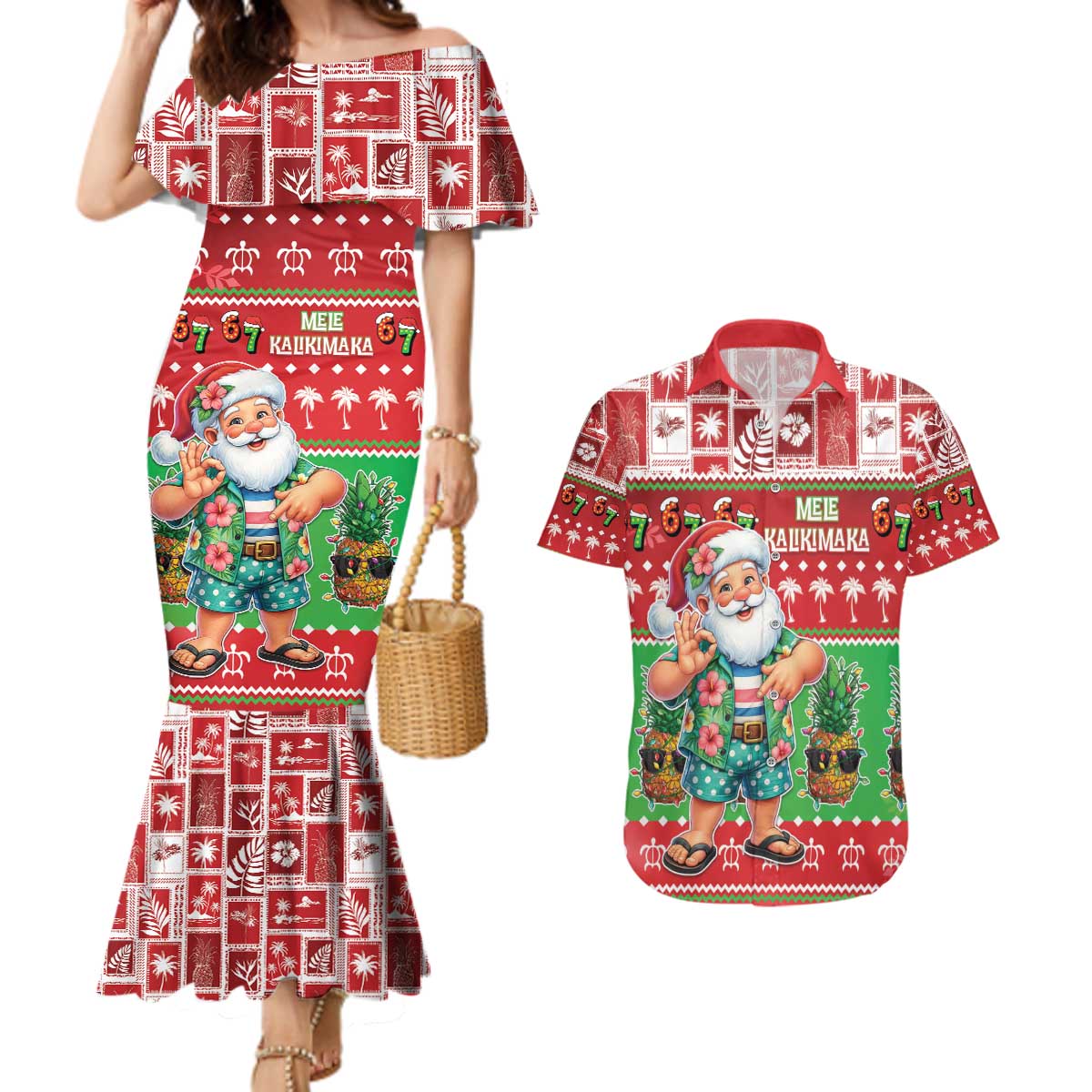Mele Kalikimaka Hawaii Christmas Couples Matching Mermaid Dress and Hawaiian Shirt Funny Santa 67 Gen Alpha Slang - Polynesian Pride
