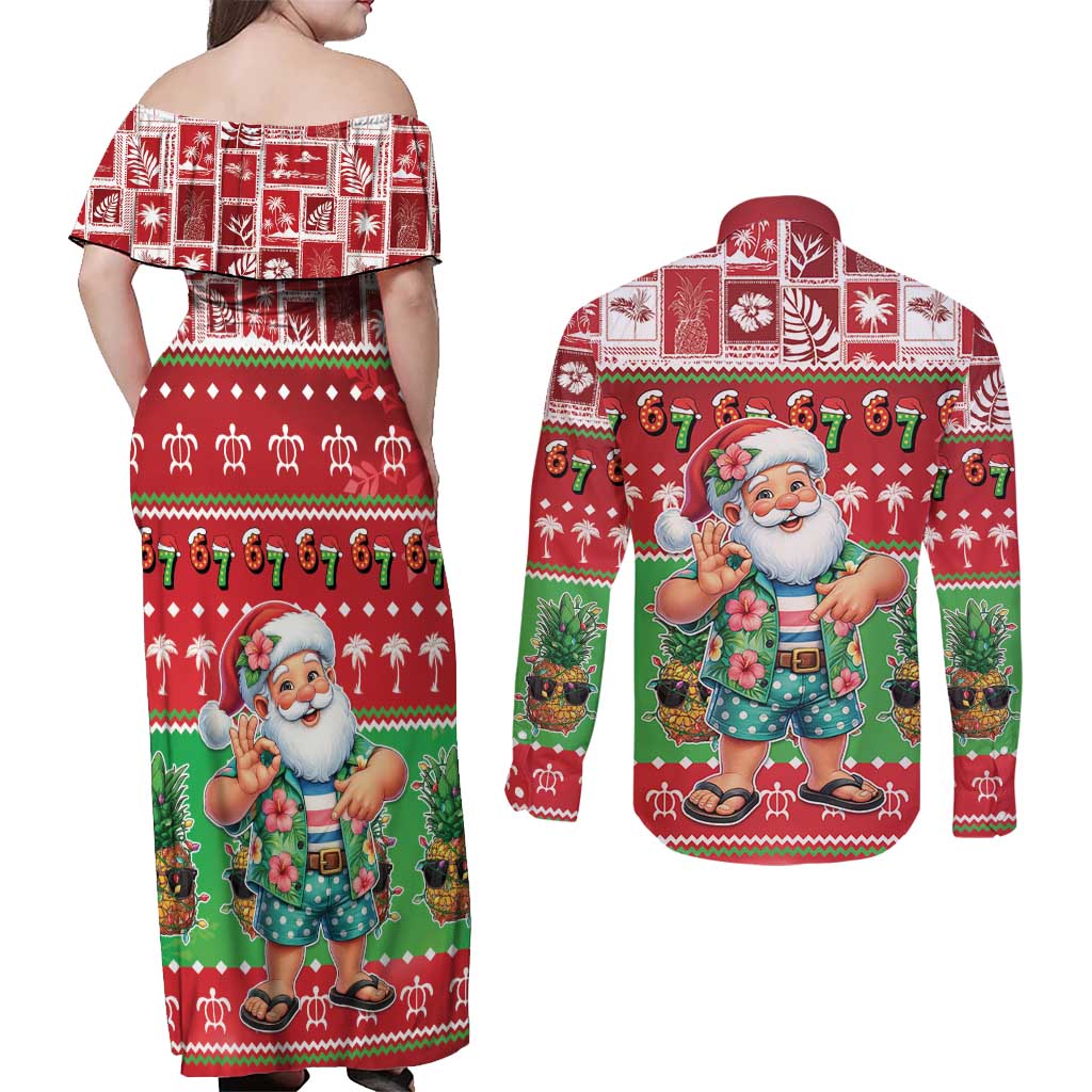 Mele Kalikimaka Hawaii Christmas Couples Matching Off Shoulder Maxi Dress and Long Sleeve Button Shirt Funny Santa 67 Gen Alpha Slang - Polynesian Pride