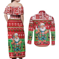 Mele Kalikimaka Hawaii Christmas Couples Matching Off Shoulder Maxi Dress and Long Sleeve Button Shirt Funny Santa 67 Gen Alpha Slang - Polynesian Pride