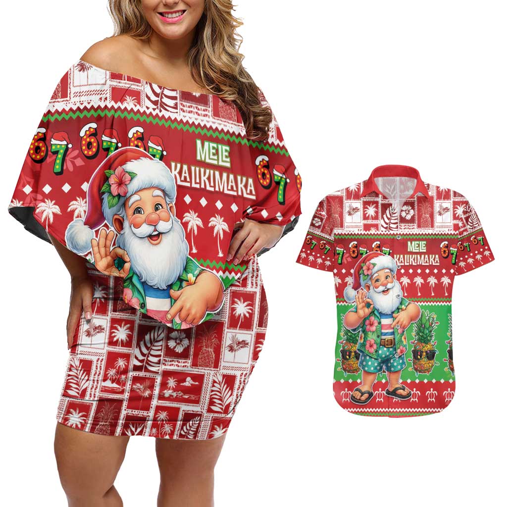 Mele Kalikimaka Hawaii Christmas Couples Matching Off Shoulder Short Dress and Hawaiian Shirt Funny Santa 67 Gen Alpha Slang - Polynesian Pride