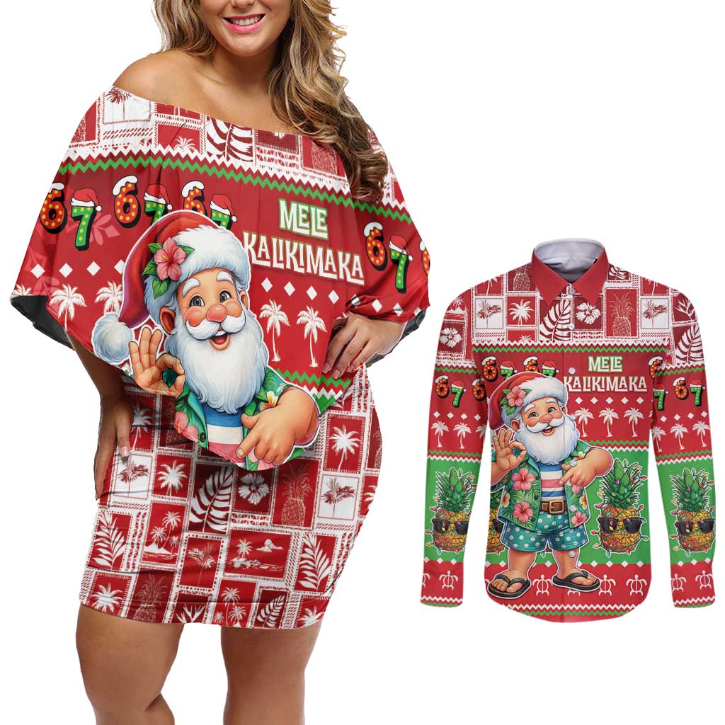 Mele Kalikimaka Hawaii Christmas Couples Matching Off Shoulder Short Dress and Long Sleeve Button Shirt Funny Santa 67 Gen Alpha Slang - Polynesian Pride