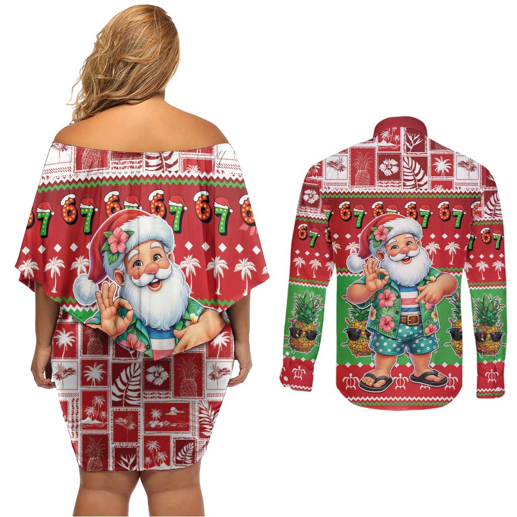 Mele Kalikimaka Hawaii Christmas Couples Matching Off Shoulder Short Dress and Long Sleeve Button Shirt Funny Santa 67 Gen Alpha Slang - Polynesian Pride