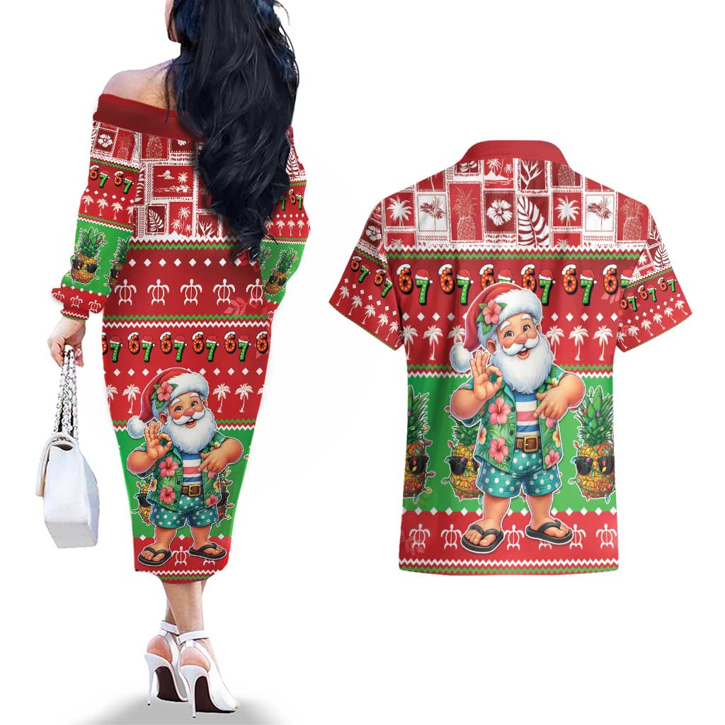 Mele Kalikimaka Hawaii Christmas Couples Matching Off The Shoulder Long Sleeve Dress and Hawaiian Shirt Funny Santa 67 Gen Alpha Slang - Polynesian Pride