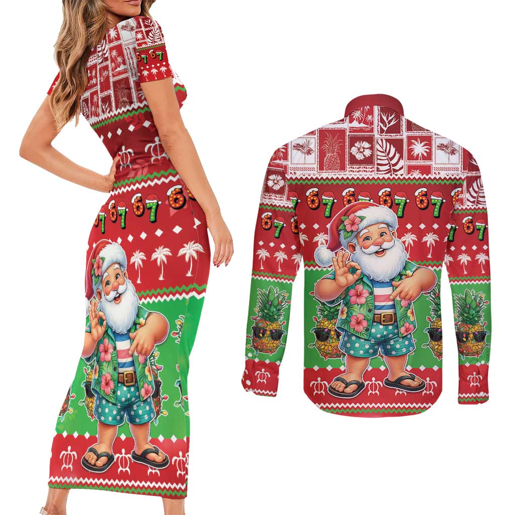 Mele Kalikimaka Hawaii Christmas Couples Matching Short Sleeve Bodycon Dress and Long Sleeve Button Shirt Funny Santa 67 Gen Alpha Slang - Polynesian Pride