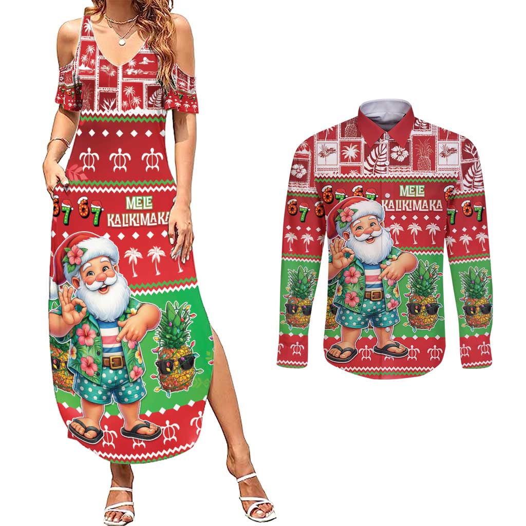 Mele Kalikimaka Hawaii Christmas Couples Matching Summer Maxi Dress and Long Sleeve Button Shirt Funny Santa 67 Gen Alpha Slang - Polynesian Pride