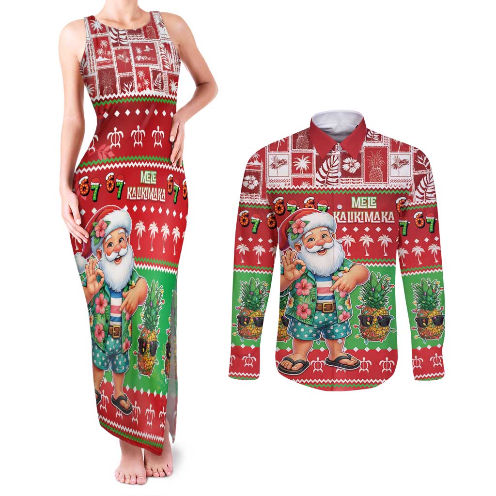 Mele Kalikimaka Hawaii Christmas Couples Matching Tank Maxi Dress and Long Sleeve Button Shirt Funny Santa 67 Gen Alpha Slang - Polynesian Pride