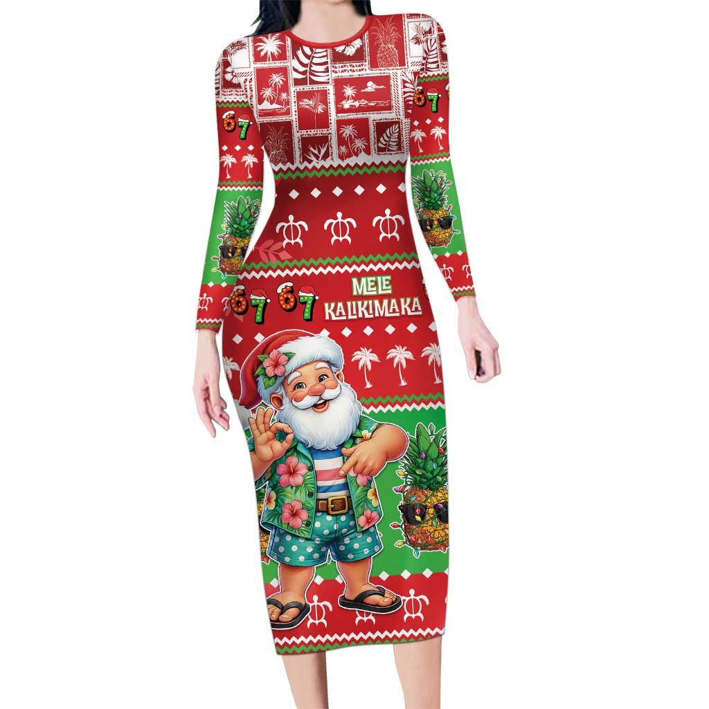Mele Kalikimaka Hawaii Christmas Family Matching Long Sleeve Bodycon Dress and Hawaiian Shirt Funny Santa 67 Gen Alpha Slang - Polynesian Pride