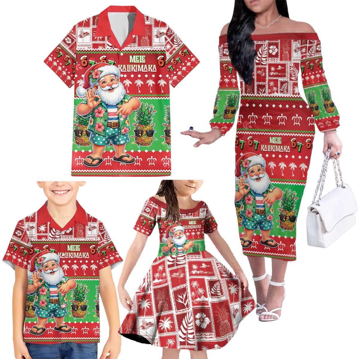 Mele Kalikimaka Hawaii Christmas Family Matching Off The Shoulder Long Sleeve Dress and Hawaiian Shirt Funny Santa 67 Gen Alpha Slang - Polynesian Pride