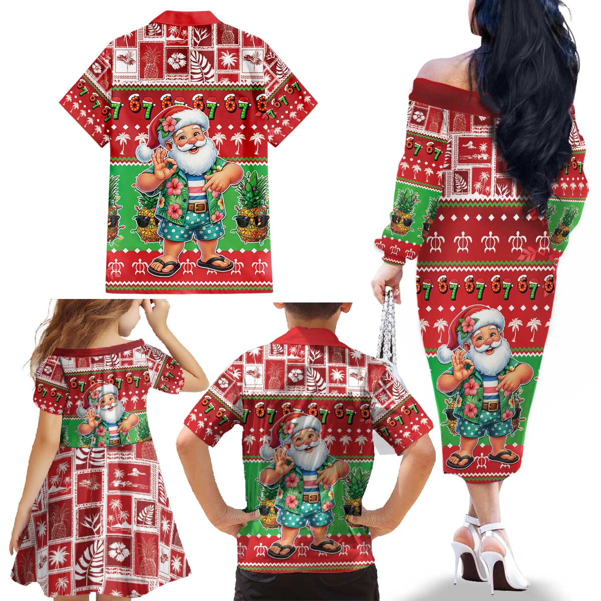 Mele Kalikimaka Hawaii Christmas Family Matching Off The Shoulder Long Sleeve Dress and Hawaiian Shirt Funny Santa 67 Gen Alpha Slang - Polynesian Pride