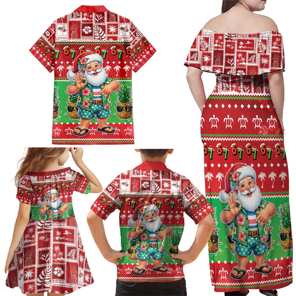 Mele Kalikimaka Hawaii Christmas Family Matching Off Shoulder Maxi Dress and Hawaiian Shirt Funny Santa 67 Gen Alpha Slang - Polynesian Pride