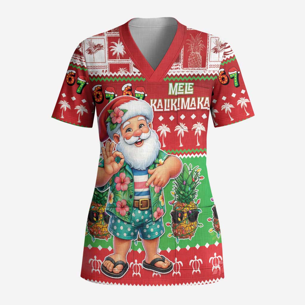 Mele Kalikimaka Hawaii Christmas Scrub Top Funny Santa 67 Gen Alpha Slang - Polynesian Pride