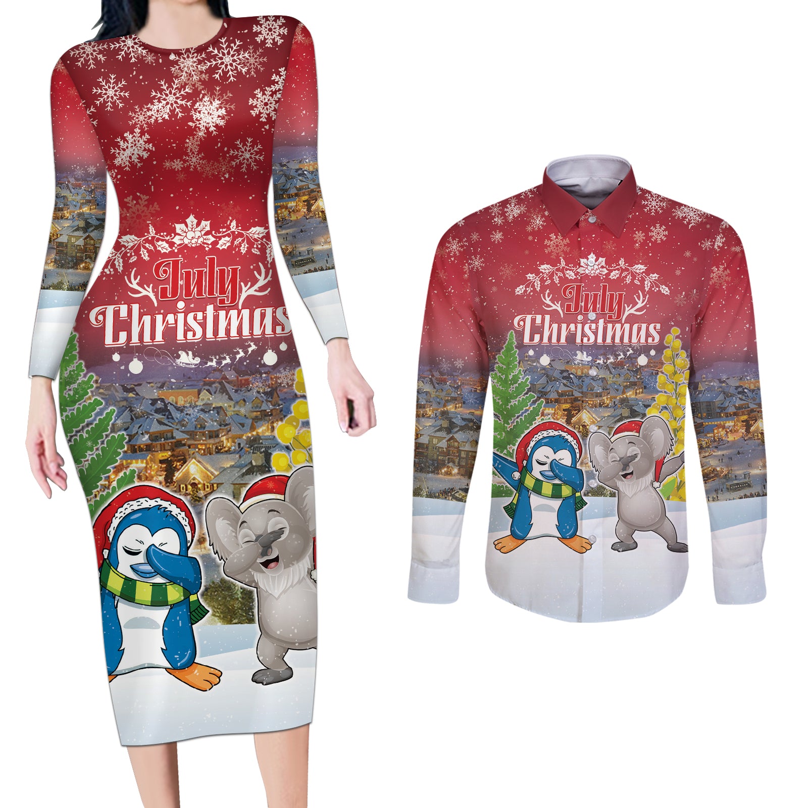 Personalised Christmas In July Couples Matching Long Sleeve Bodycon Dress and Long Sleeve Button Shirt Funny Dabbing Dance Koala And Blue Penguins