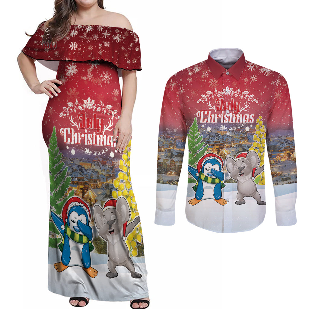 Personalised Christmas In July Couples Matching Off Shoulder Maxi Dress and Long Sleeve Button Shirt Funny Dabbing Dance Koala And Blue Penguins