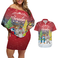 Personalised Christmas In July Couples Matching Off Shoulder Short Dress and Hawaiian Shirt Funny Dabbing Dance Koala And Blue Penguins