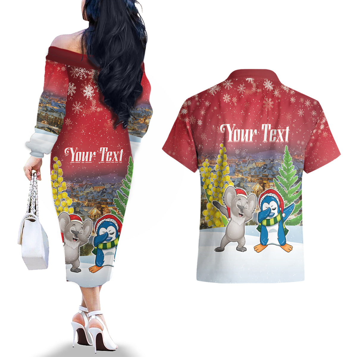 Personalised Christmas In July Couples Matching Off The Shoulder Long Sleeve Dress and Hawaiian Shirt Funny Dabbing Dance Koala And Blue Penguins