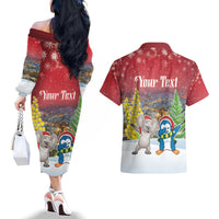 Personalised Christmas In July Couples Matching Off The Shoulder Long Sleeve Dress and Hawaiian Shirt Funny Dabbing Dance Koala And Blue Penguins