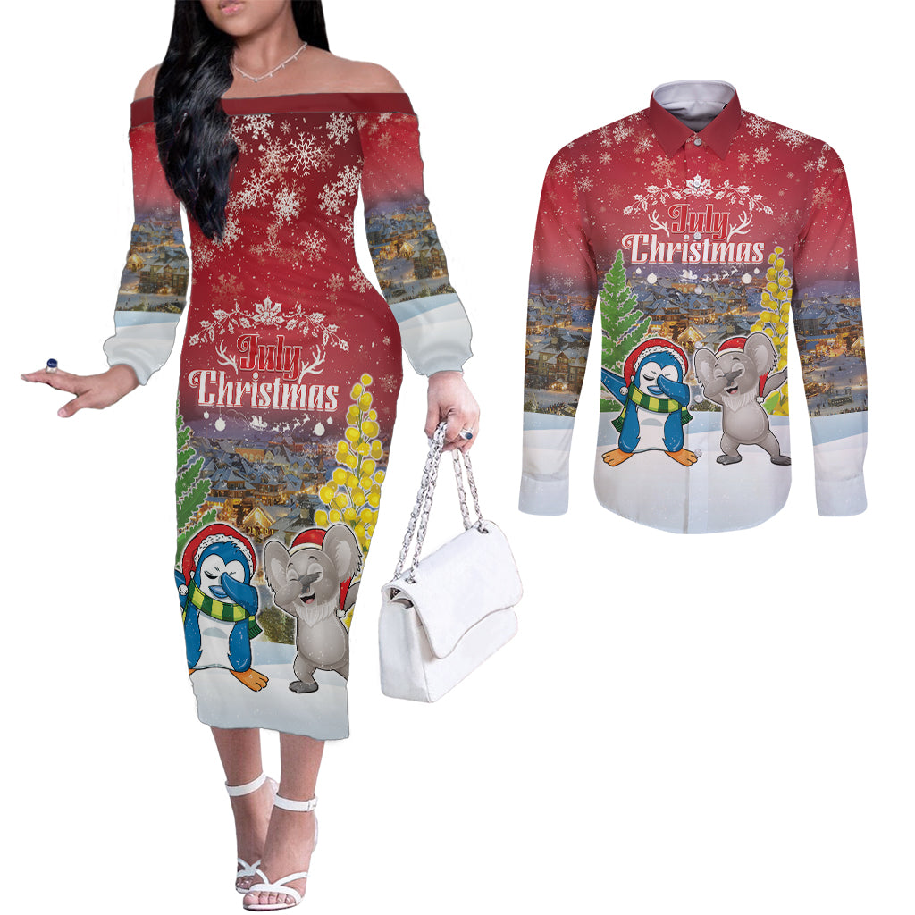 Personalised Christmas In July Couples Matching Off The Shoulder Long Sleeve Dress and Long Sleeve Button Shirt Funny Dabbing Dance Koala And Blue Penguins