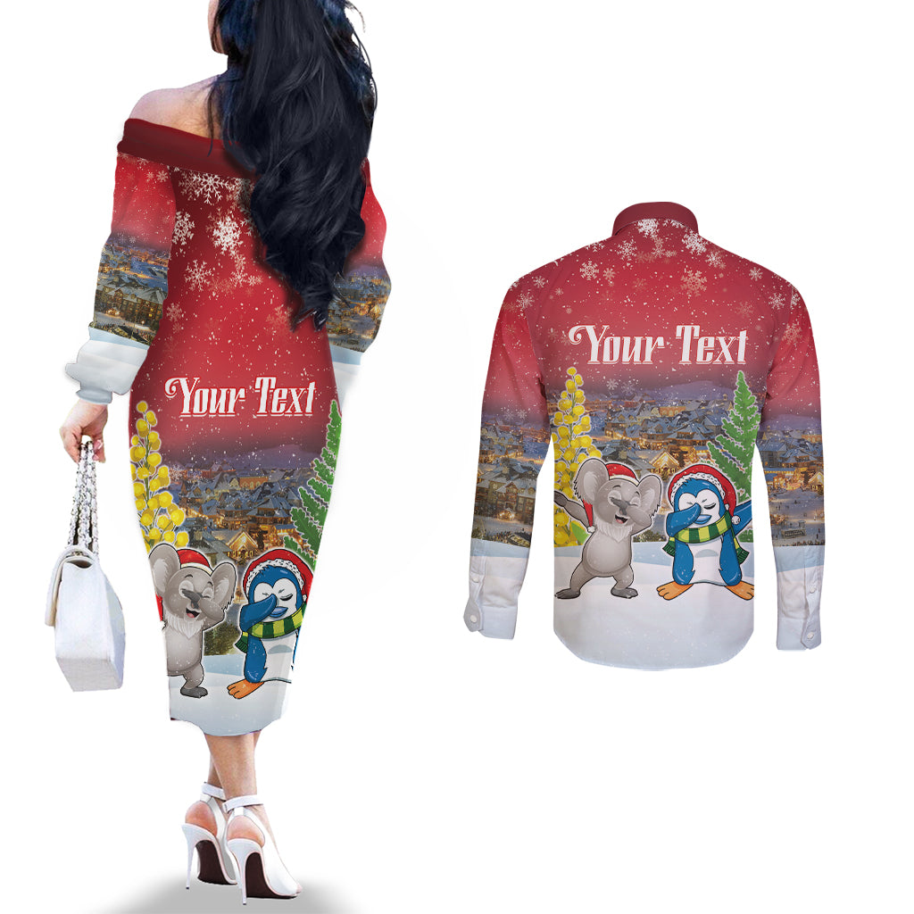 Personalised Christmas In July Couples Matching Off The Shoulder Long Sleeve Dress and Long Sleeve Button Shirt Funny Dabbing Dance Koala And Blue Penguins