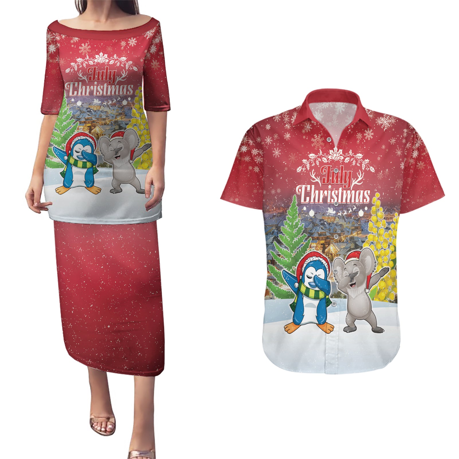 Personalised Christmas In July Couples Matching Puletasi and Hawaiian Shirt Funny Dabbing Dance Koala And Blue Penguins