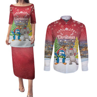 Personalised Christmas In July Couples Matching Puletasi and Long Sleeve Button Shirt Funny Dabbing Dance Koala And Blue Penguins