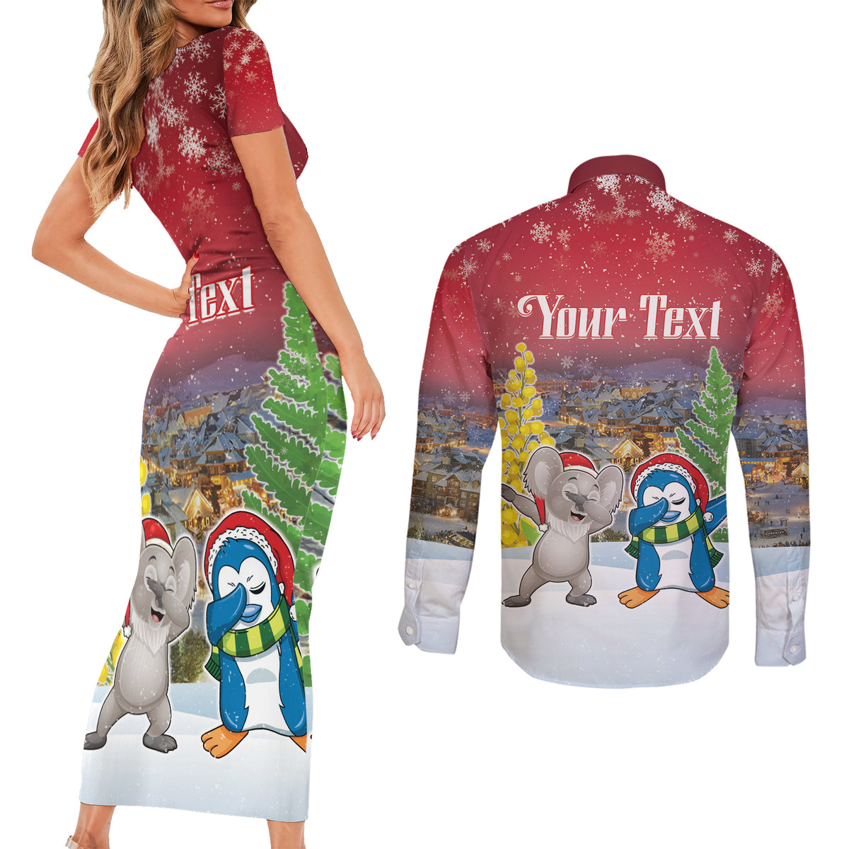Personalised Christmas In July Couples Matching Short Sleeve Bodycon Dress and Long Sleeve Button Shirt Funny Dabbing Dance Koala And Blue Penguins