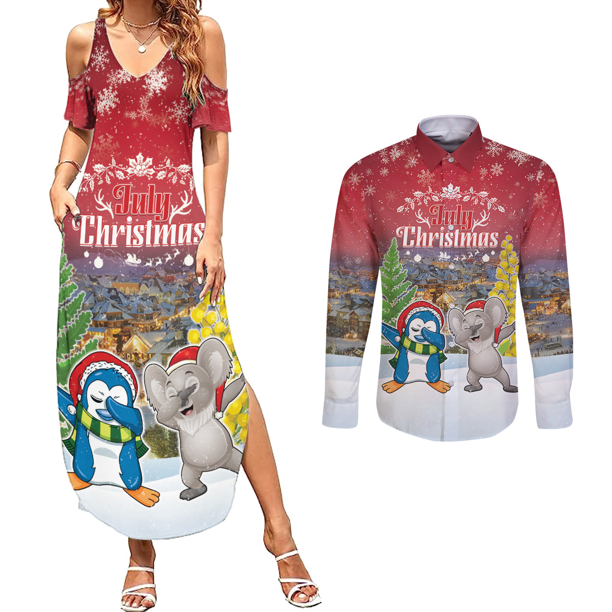 Personalised Christmas In July Couples Matching Summer Maxi Dress and Long Sleeve Button Shirt Funny Dabbing Dance Koala And Blue Penguins