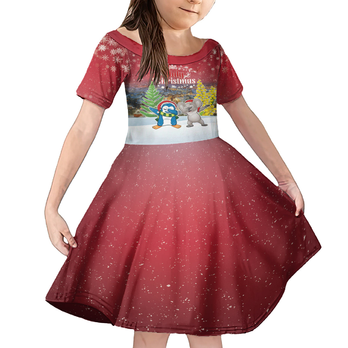 Personalised Christmas In July Family Matching Long Sleeve Bodycon Dress and Hawaiian Shirt Funny Dabbing Dance Koala And Blue Penguins LT05 Daughter's Dress Red - Polynesian Pride