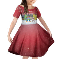 Personalised Christmas In July Family Matching Long Sleeve Bodycon Dress and Hawaiian Shirt Funny Dabbing Dance Koala And Blue Penguins LT05 Daughter's Dress Red - Polynesian Pride