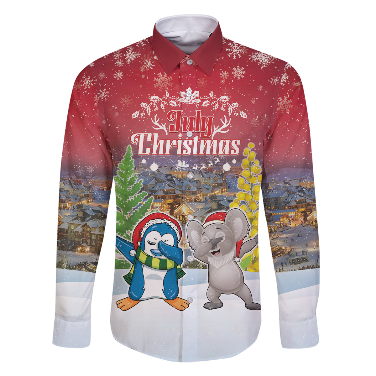 Personalised Christmas In July Family Matching Long Sleeve Bodycon Dress and Hawaiian Shirt Funny Dabbing Dance Koala And Blue Penguins LT05 Dad's Shirt - Long Sleeve Red - Polynesian Pride