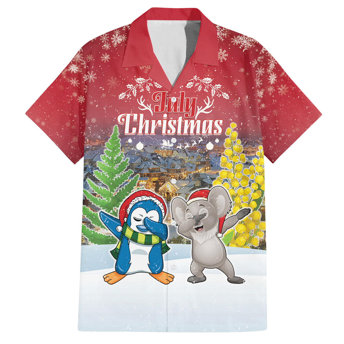 Personalised Christmas In July Family Matching Off The Shoulder Long Sleeve Dress and Hawaiian Shirt Funny Dabbing Dance Koala And Blue Penguins LT05 Dad's Shirt - Short Sleeve Red - Polynesian Pride