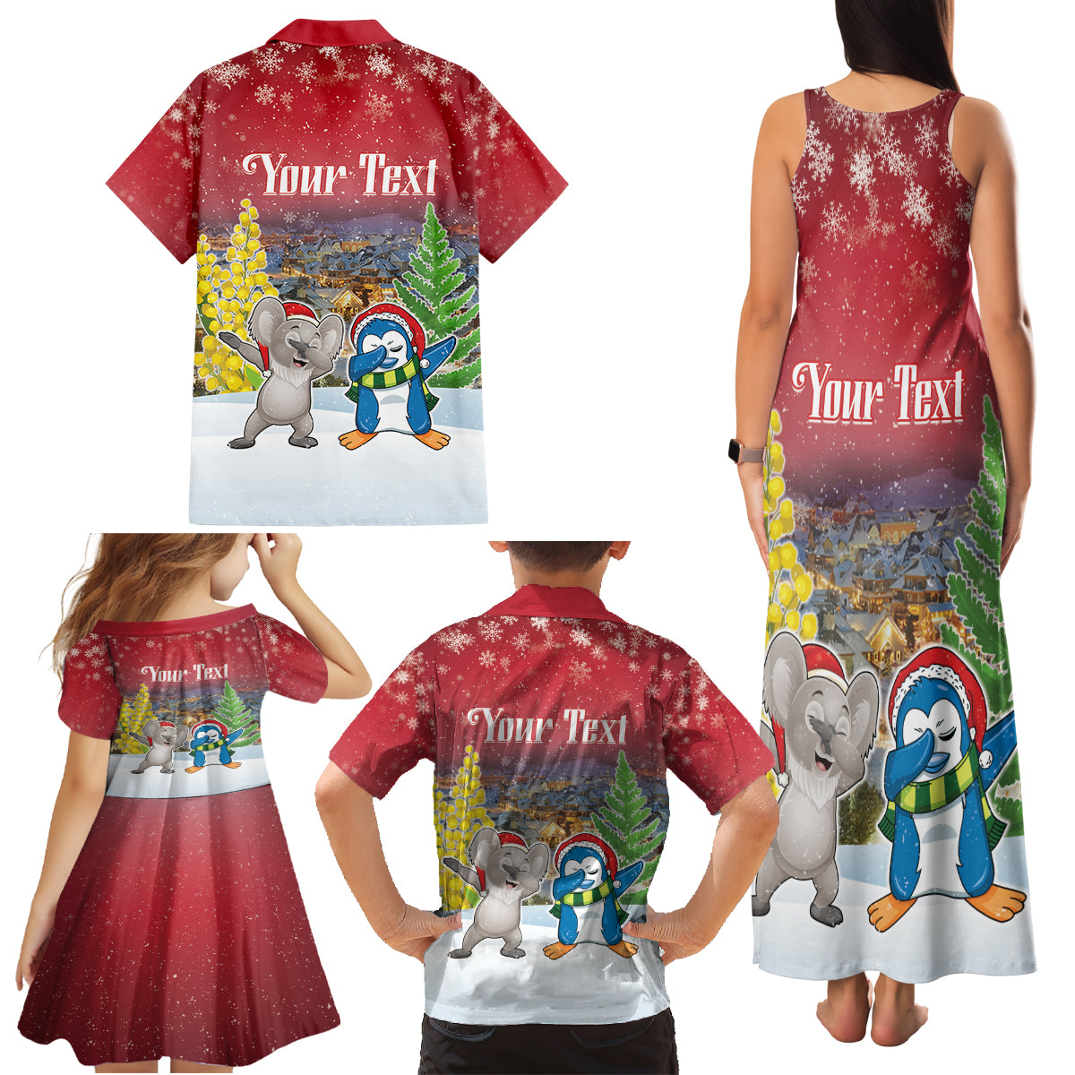 Personalised Christmas In July Family Matching Tank Maxi Dress and Hawaiian Shirt Funny Dabbing Dance Koala And Blue Penguins
