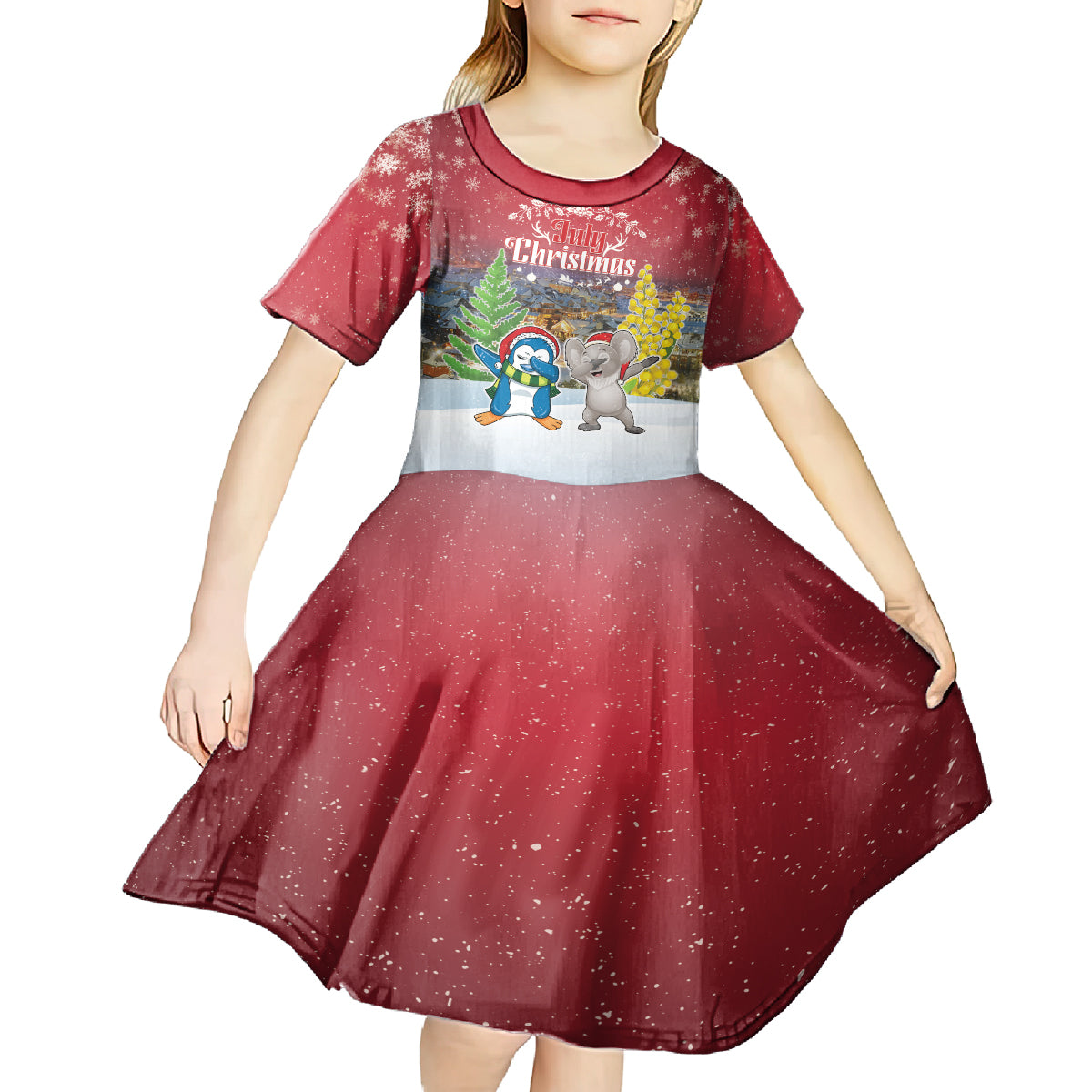 Personalised Christmas In July Kid Short Sleeve Dress Funny Dabbing Dance Koala And Blue Penguins