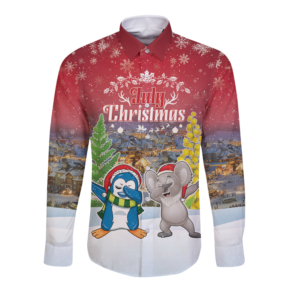 Personalised Christmas In July Long Sleeve Button Shirt Funny Dabbing Dance Koala And Blue Penguins