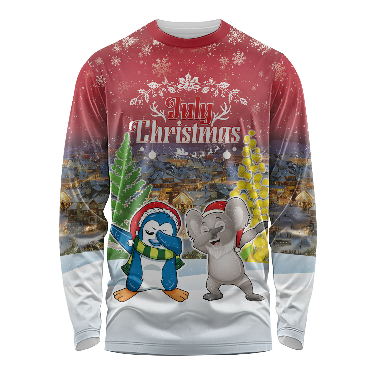 Personalised Christmas In July Long Sleeve Shirt Funny Dabbing Dance Koala And Blue Penguins LT05 Unisex Red - Polynesian Pride