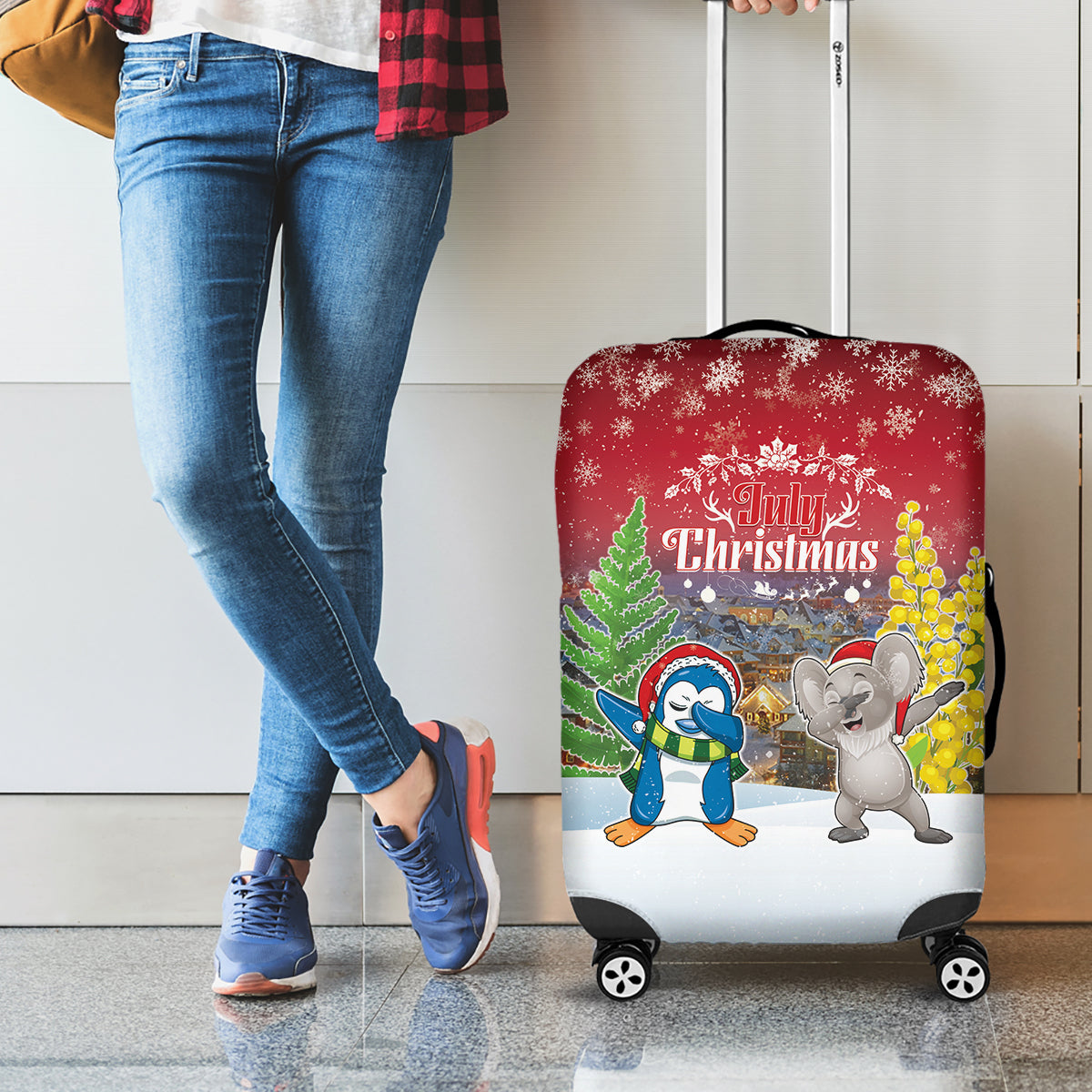 Christmas In July Luggage Cover Funny Dabbing Dance Koala And Blue Penguins LT05 - Polynesian Pride