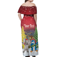 Personalised Christmas In July Off Shoulder Maxi Dress Funny Dabbing Dance Koala And Blue Penguins