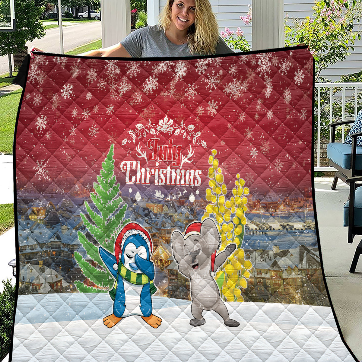Christmas In July Quilt Funny Dabbing Dance Koala And Blue Penguins