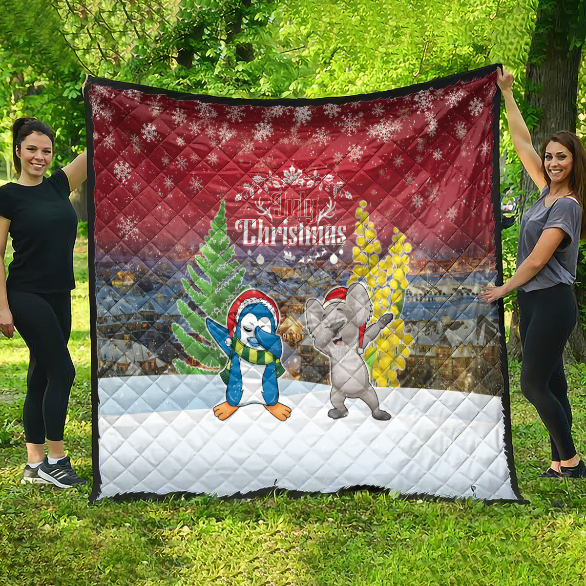 Christmas In July Quilt Funny Dabbing Dance Koala And Blue Penguins