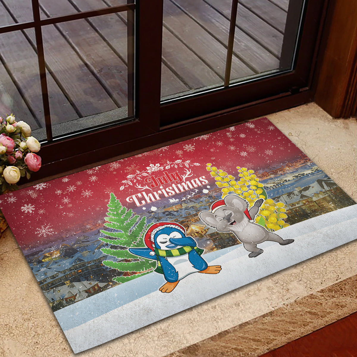 Christmas In July Rubber Doormat Funny Dabbing Dance Koala And Blue Penguins