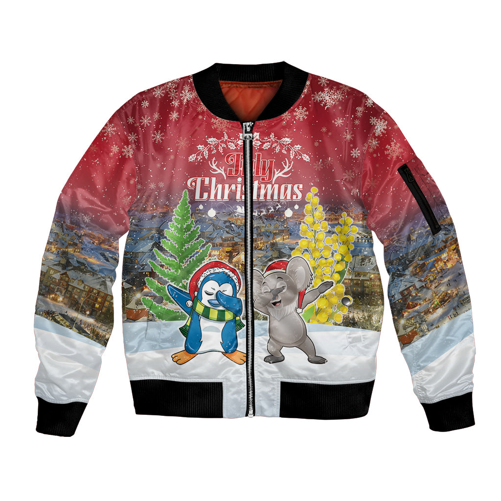 Personalised Christmas In July Sleeve Zip Bomber Jacket Funny Dabbing Dance Koala And Blue Penguins
