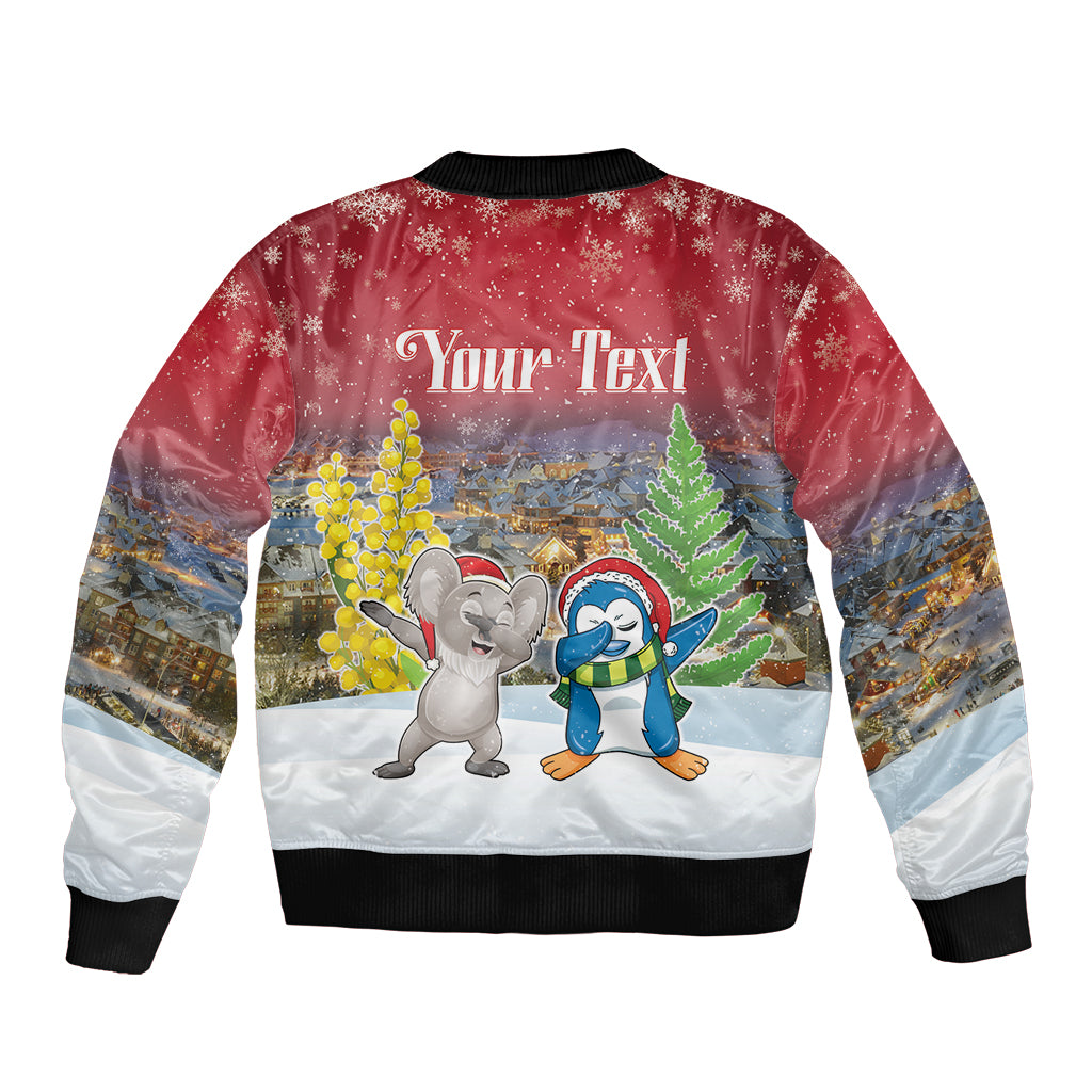 Personalised Christmas In July Sleeve Zip Bomber Jacket Funny Dabbing Dance Koala And Blue Penguins