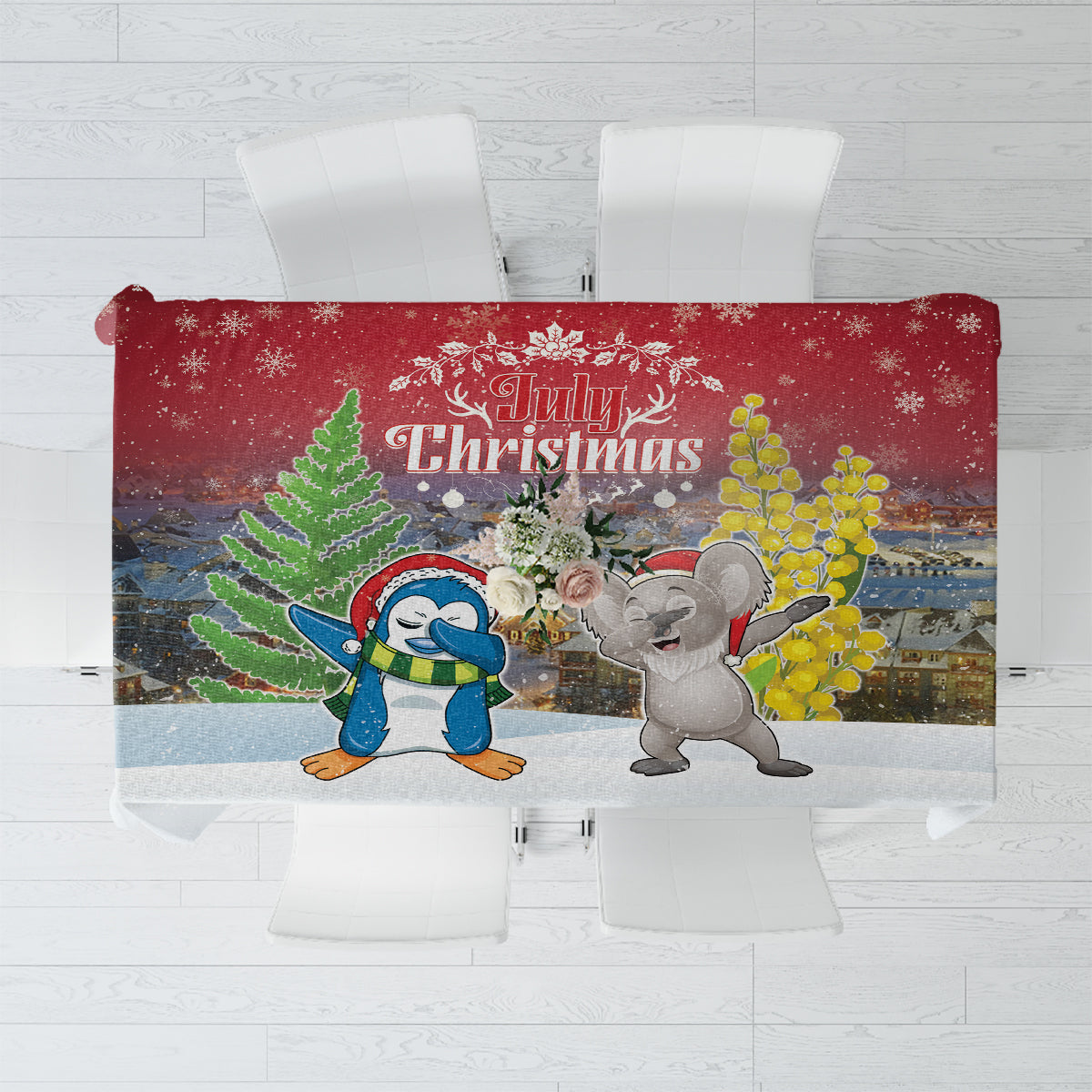 Christmas In July Tablecloth Funny Dabbing Dance Koala And Blue Penguins
