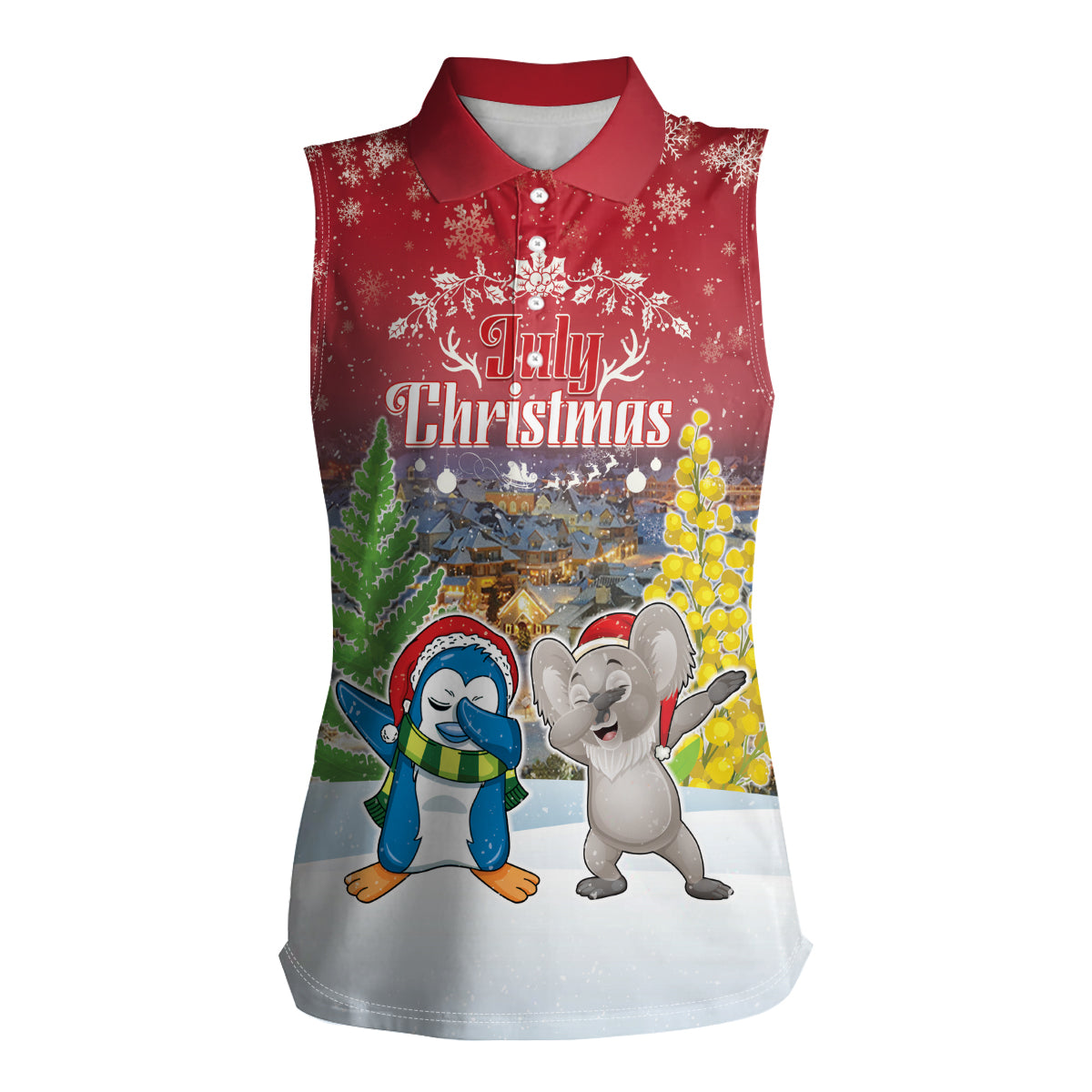 Personalised Christmas In July Women Sleeveless Polo Shirt Funny Dabbing Dance Koala And Blue Penguins
