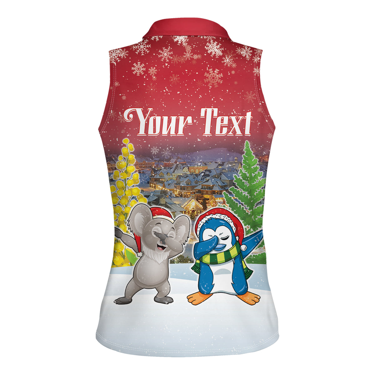 Personalised Christmas In July Women Sleeveless Polo Shirt Funny Dabbing Dance Koala And Blue Penguins