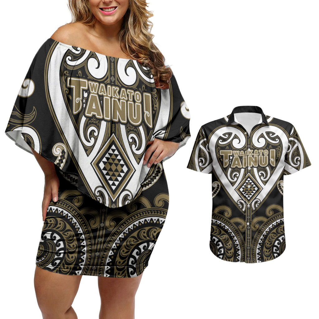 Custom Aotearoa Waikato Tainui Couples Matching Off Shoulder Short Dress and Hawaiian Shirt Maori Tribal Pattern LT05 Dark Yellow - Polynesian Pride